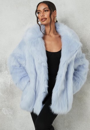MISSGUIDED blue faux fur shawl collar coat – winter glamour