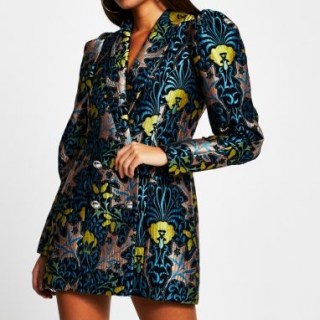 RIVER ISLAND Blue jacquard puff sleeve blazer dress ~ luxe style jacket dresses ~ party fashion