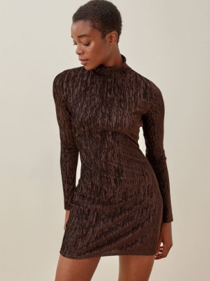 REFORMATION Bronti Dress – long sleeve high neck chocolate-brown mini dresses – metallic details