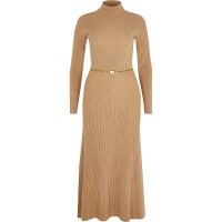 RIVER ISLAND Brown chain detail ribbed long sleeve dress – high neck dresses