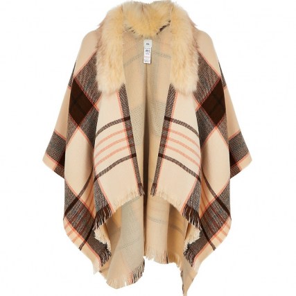 RIVER ISLAND Brown check cape faux fur collar jacket ~ winter capes - flipped