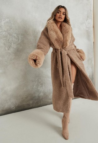 Faux Fur Cuff Borg Teddy Midaxi Coat, Fur Cuff Coat For Womens