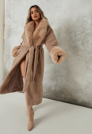 Missguided brown faux fur cuff borg teddy midaxi coat – textured winter wrap coats