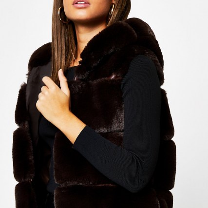 River Island Brown faux fur hooded gilet – luxe style gilets – fluffy sleeveless winter jackets - flipped