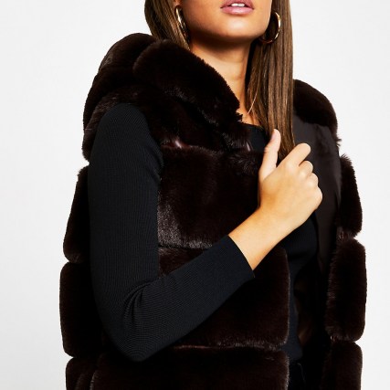 River Island Brown faux fur hooded gilet – luxe style gilets – fluffy sleeveless winter jackets