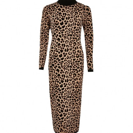 RIVER ISLAND Brown leopard print midi dress ~ fitted long sleeve animal print dresses - flipped