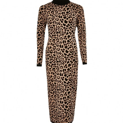 RIVER ISLAND Brown leopard print midi dress ~ fitted long sleeve animal print dresses