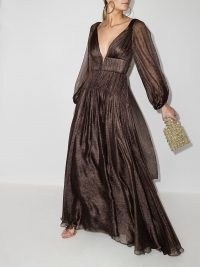 Maria Lucia Hohan Zeena V-neck metallic flared gown | metallic-brown plunge front evening gowns | glamorous occasion wear | deep V-neckline event dresses | glamour