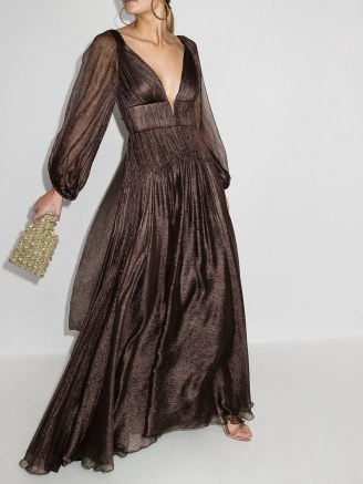 Maria Lucia Hohan Zeena V-neck metallic flared gown | metallic-brown plunge front evening gowns | glamorous occasion wear | deep V-neckline event dresses | glamour - flipped