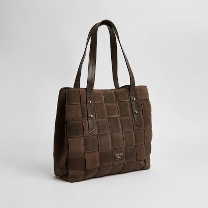 RIVER ISLAND Brown Suede woven tote handbag ~ handbags ~ bags - flipped