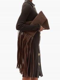 BOTTEGA VENETA BV Fringe Crisscross Intrecciato-leather clutch ~ brown fringed handbags