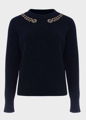 HOBBS CAITLIN WOOL BLEND EMBELLISHED SWEATER – navy-blue necklace style sweaters - flipped