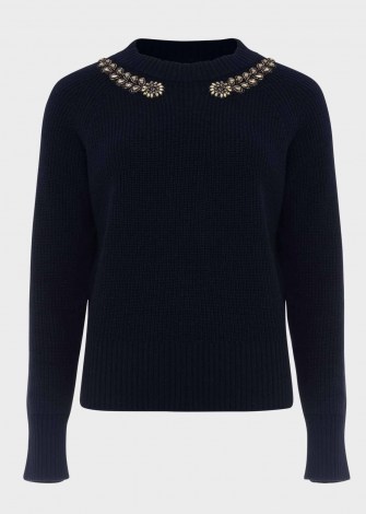 HOBBS CAITLIN WOOL BLEND EMBELLISHED SWEATER – navy-blue necklace style sweaters