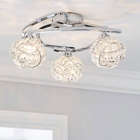 Cecilie 3 Light Crystal Semi-Flush Ceiling Fitting – chrome plated finish, this semi-flush fitting features three lights with decorative crystal glass shade and curling arms