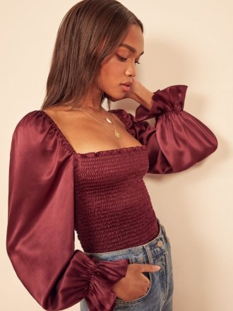 Reformation Chamomile Top in Plum – romantic style tops – frill detail cuffs – volume sleeves - flipped