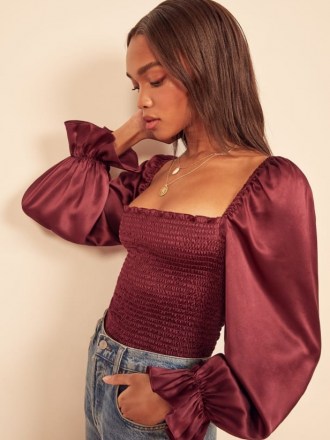 Reformation Chamomile Top in Plum – romantic style tops – frill detail cuffs – volume sleeves