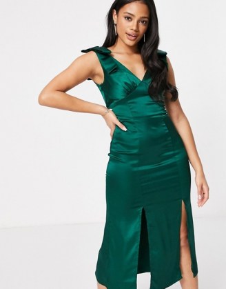 Chi Chi London bow shoulder satin midi dress with split in forest green ~ occasion dresses - flipped
