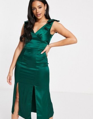 Chi Chi London bow shoulder satin midi dress with split in forest green ~ occasion dresses