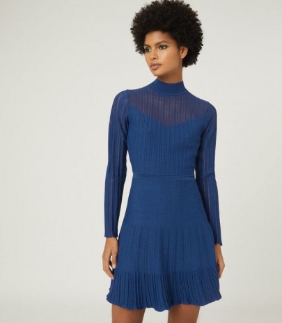 REISS CLEMMY SHEER STRIPE KNITTED DRESS BLUE ~ chic winter dresses - flipped