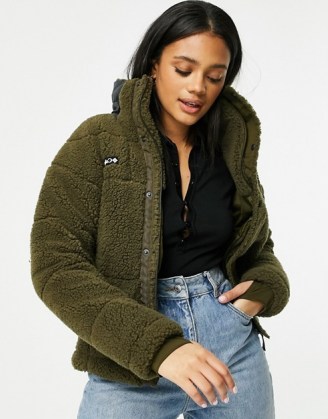 Columbia Lodge Baffled sherpa fleece jacket in green – casual textured borg jackets – faux fur outerwear - flipped
