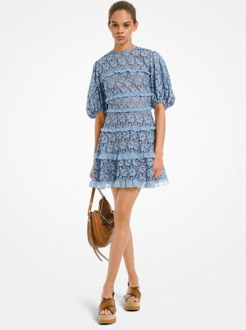MICHAEL MICHAEL KORS Corded Lace Ruffled Dress ~ blue romantic style dresses - flipped