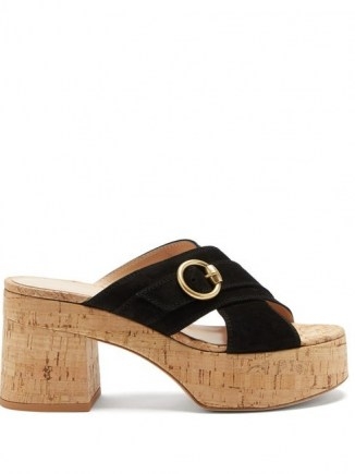GIANVITO ROSSI Cork-platform suede sandals | 70s style black crossover platforms | vintage look block heels - flipped