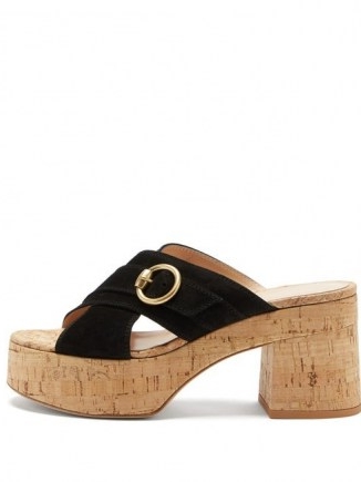 GIANVITO ROSSI Cork-platform suede sandals | 70s style black crossover platforms | vintage look block heels