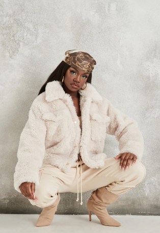 MISSGUIDED cream faux fur borg teddy trucker jacket ~ textured winter jackets ~ casual style - flipped