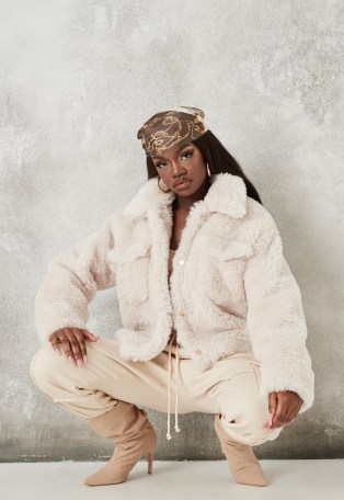MISSGUIDED cream faux fur borg teddy trucker jacket ~ textured winter jackets ~ casual style