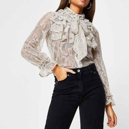 RIVER ISLAND Cream lace frill neck long sleeve blouse top ~ frothy front blouses ~ romantic fashion ~ frilled tops - flipped