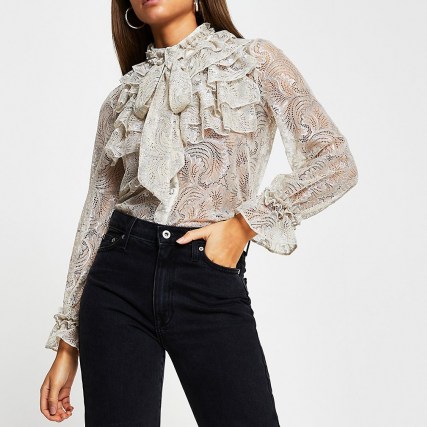 RIVER ISLAND Cream lace frill neck long sleeve blouse top ~ frothy front blouses ~ romantic fashion ~ frilled tops