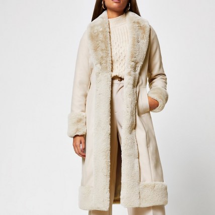 RIVER ISLAND Cream long line faux fur hem robe coat ~ luxe style winter coats ~ self tie belt - flipped