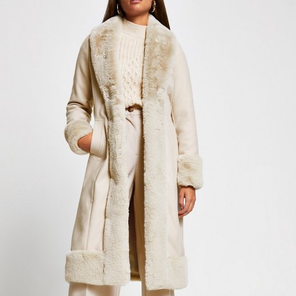 RIVER ISLAND Cream long line faux fur hem robe coat ~ luxe style winter coats ~ self tie belt