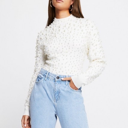 RIVER ISLAND Cream pearl embellished jumper | luxe style jumpers - flipped