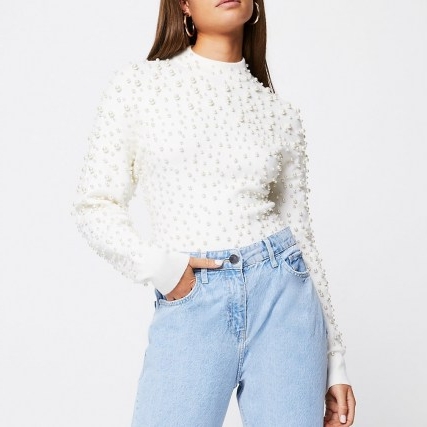 RIVER ISLAND Cream pearl embellished jumper | luxe style jumpers
