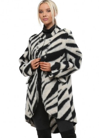 MADE IN ITALY Cream Zebra Print Military Coat ~ monochrome animal print coats - flipped