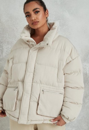 MISSGUIDED cream zip pocket puffer coat ~ padded winter coats - flipped