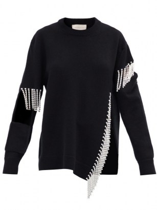 CHRISTOPHER KANE Crystal-embellished keyhole wool sweater | black fringed cut out sweaters | contemporary knitwear - flipped