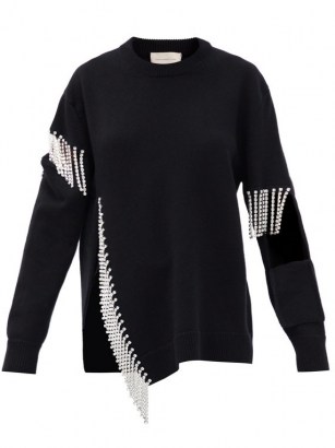 CHRISTOPHER KANE Crystal-embellished keyhole wool sweater | black fringed cut out sweaters | contemporary knitwear