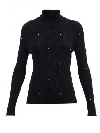 CHRISTOPHER KANE Crystal-embellished ribbed merino-wool sweater | glamorous roll neck sweaters | designer knitwear | black high neck rib knit jumpers - flipped