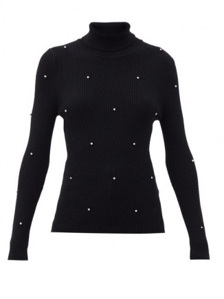 CHRISTOPHER KANE Crystal-embellished ribbed merino-wool sweater | glamorous roll neck sweaters | designer knitwear | black high neck rib knit jumpers
