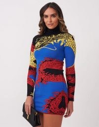 FOREVER UNIQUE Dragon Print Jumper Dress / dragons / knitted high neck evening dresses