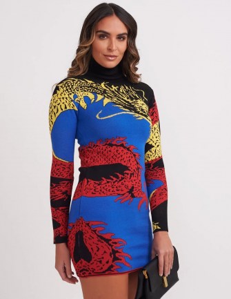 FOREVER UNIQUE Dragon Print Jumper Dress / dragons / knitted high neck evening dresses - flipped