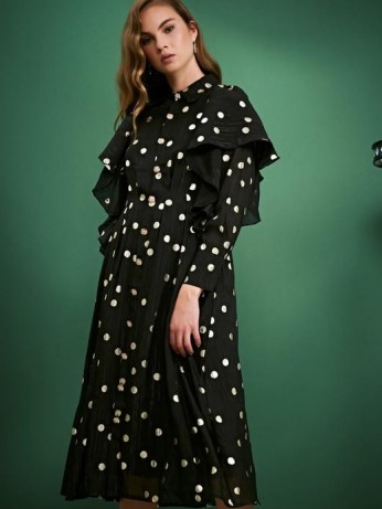 sister jane Fancy Footwork Ruffle Midi Dress / black ruffled spot print dresses - flipped