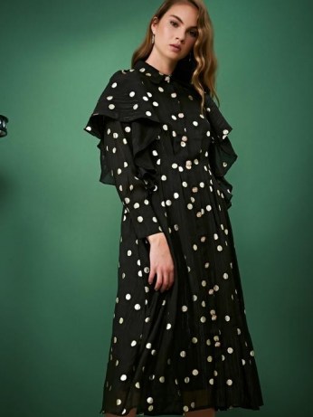 sister jane Fancy Footwork Ruffle Midi Dress / black ruffled spot print dresses