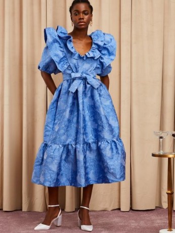 sister jane Cocktail Jacquard Midi Dress -blue ruffle trim occasion dresses – party fashion with volume - flipped
