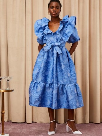 sister jane Cocktail Jacquard Midi Dress -blue ruffle trim occasion dresses – party fashion with volume