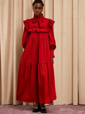 sister jane Canape Ruffle Bow Maxi Dress – red frill trimmed occasion dresses - flipped