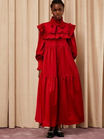 sister jane Canape Ruffle Bow Maxi Dress – red frill trimmed occasion dresses