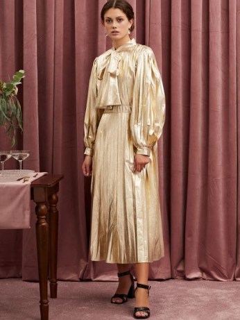 sister jane Canape Pleated Maxi Dress | gold statement occasion dresses | vintage style pussy bow dress | tie detail fashion - flipped